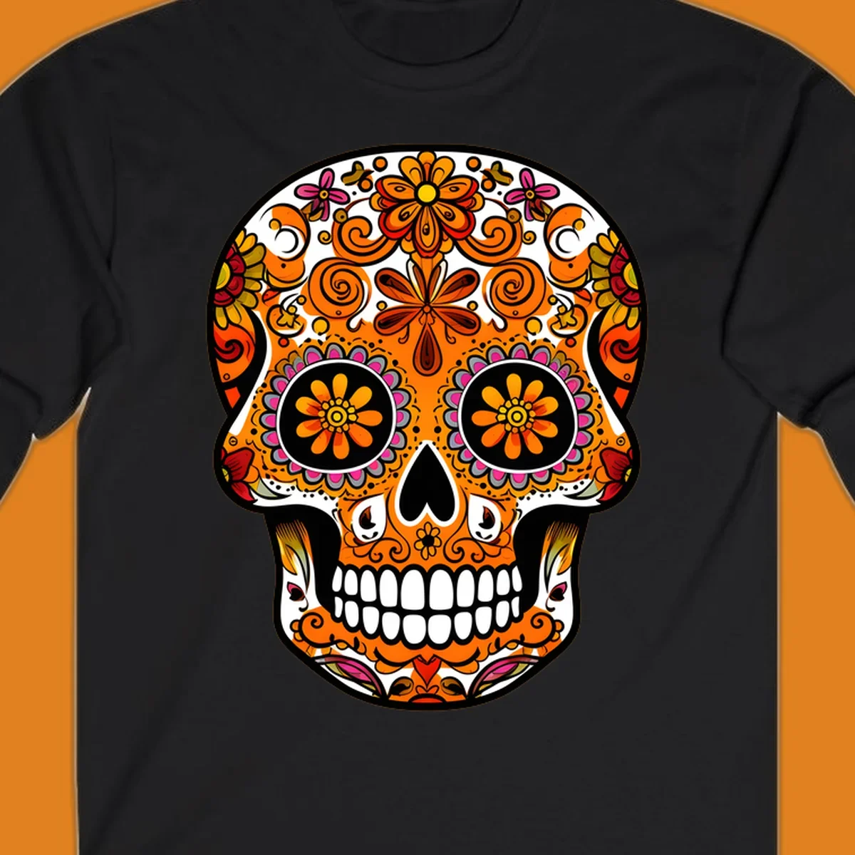 A vibrant, ornate floral calavera skull with orange, pink, yellow, and red patterns, outlined in white and black.