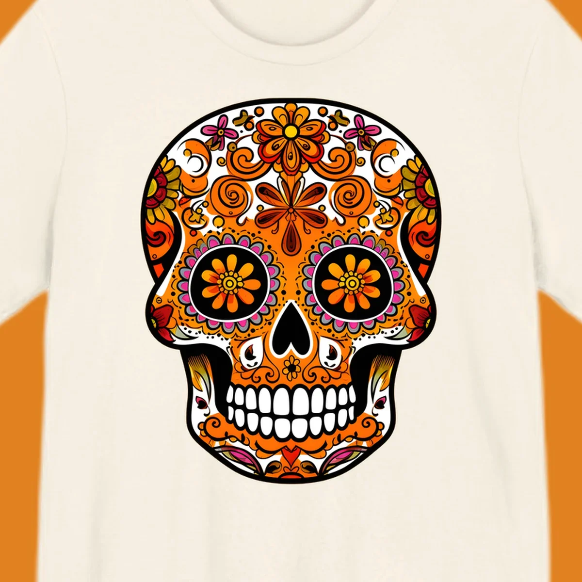 A vibrant, ornate floral calavera skull with orange, pink, yellow, and red patterns, outlined in white and black.