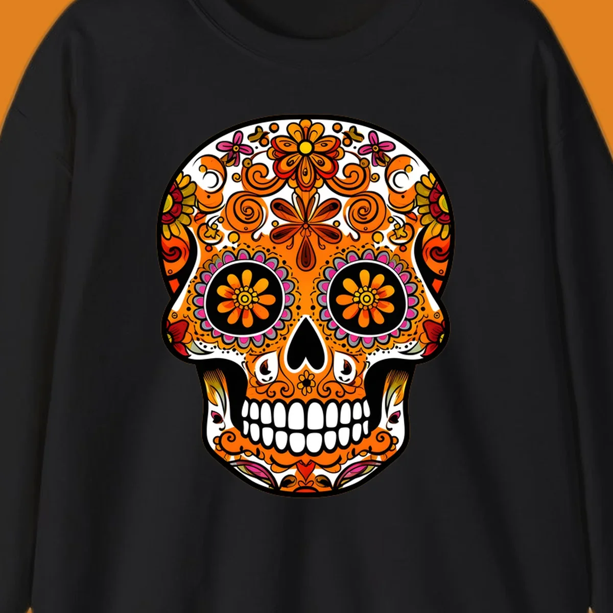 A vibrant, ornate floral calavera skull with orange, pink, yellow, and red patterns, outlined in white and black.