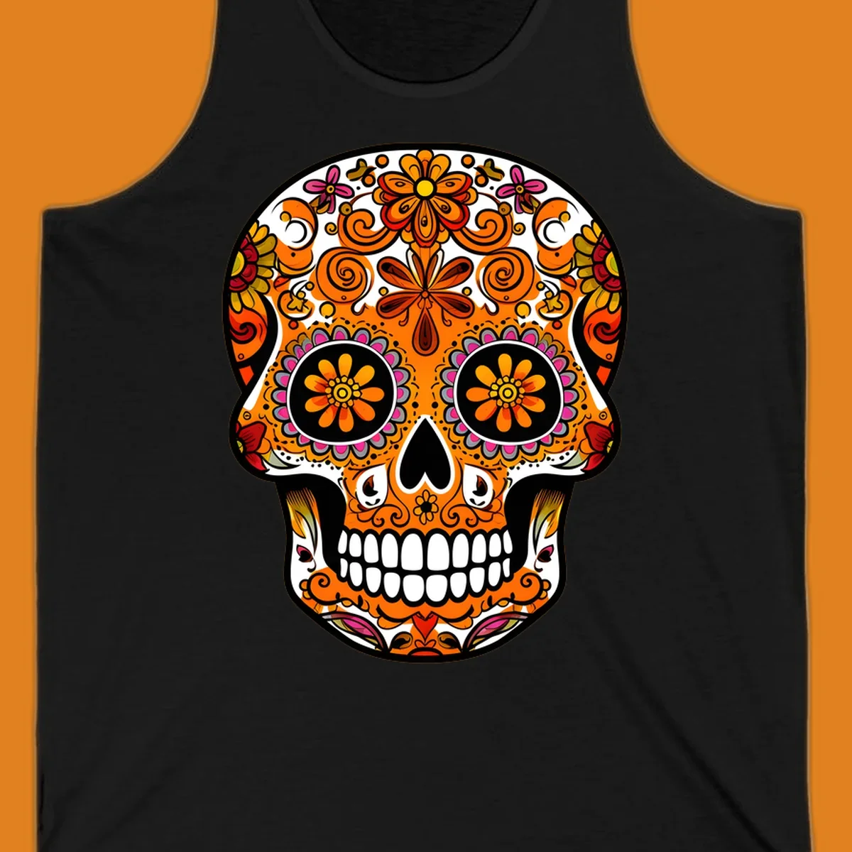 A vibrant, ornate floral calavera skull with orange, pink, yellow, and red patterns, outlined in white and black.