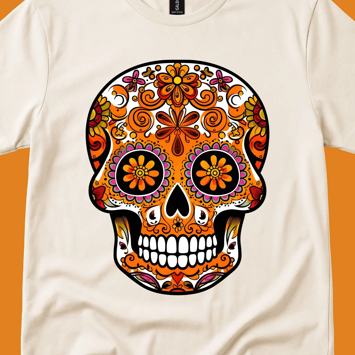 A vibrant, ornate floral calavera skull with orange, pink, yellow, and red patterns, outlined in white and black.