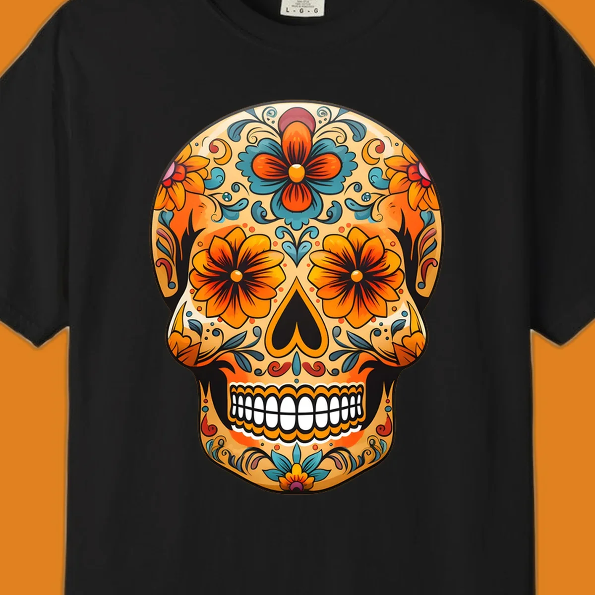 A vibrant floral calavera sugar skull design featuring orange and teal flowers, leaves, and intricate swirling patterns.