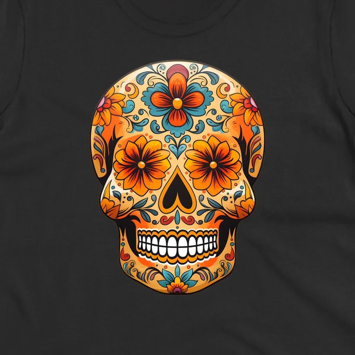 A vibrant floral calavera sugar skull design featuring orange and teal flowers, leaves, and intricate swirling patterns.
