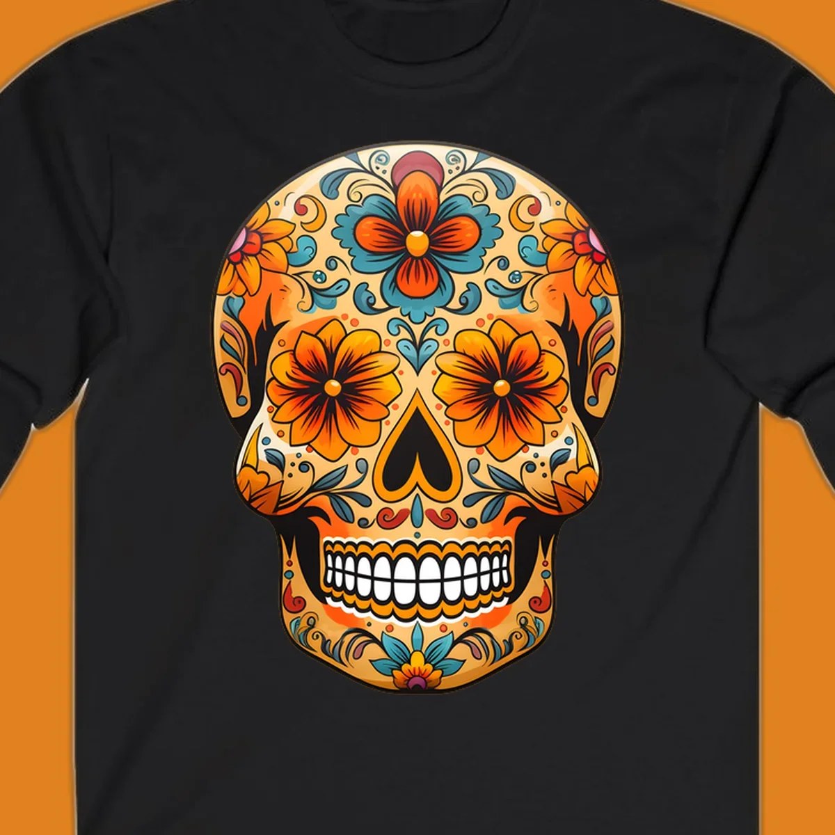 A vibrant floral calavera sugar skull design featuring orange and teal flowers, leaves, and intricate swirling patterns.