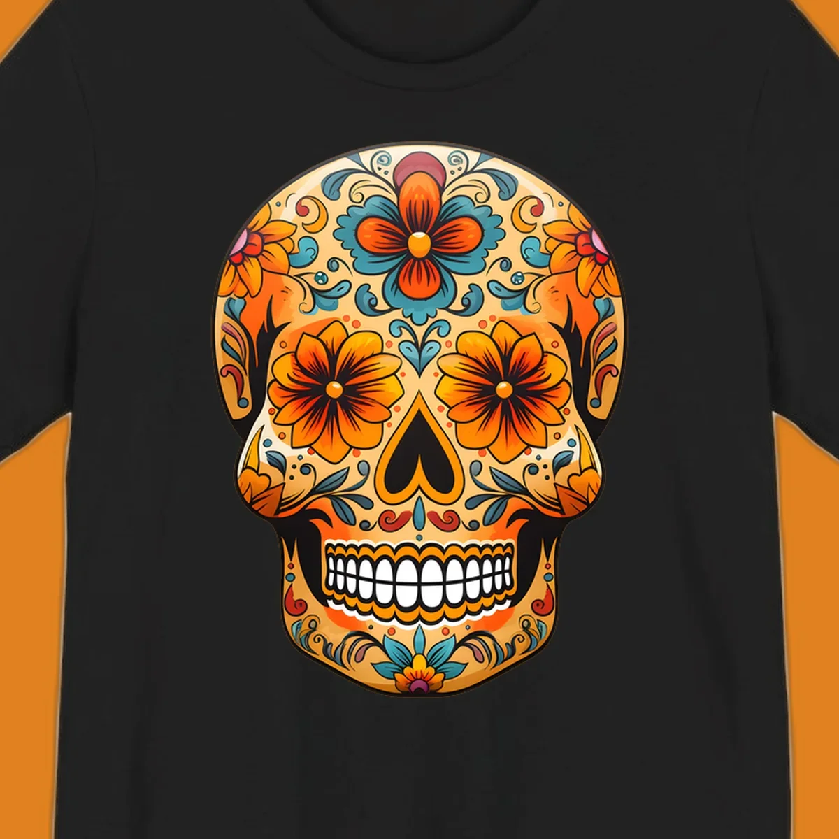 A vibrant floral calavera sugar skull design featuring orange and teal flowers, leaves, and intricate swirling patterns.