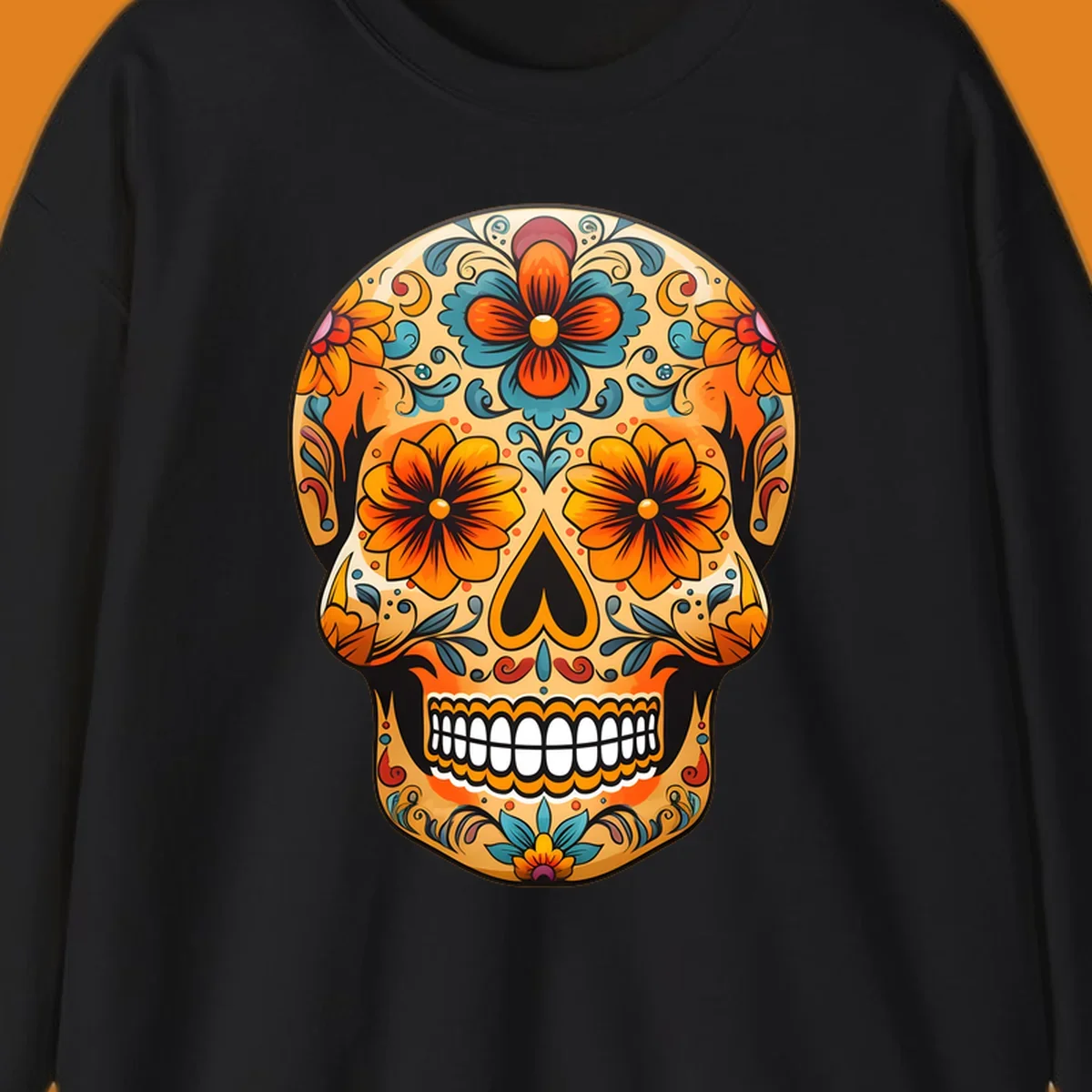 A vibrant floral calavera sugar skull design featuring orange and teal flowers, leaves, and intricate swirling patterns.