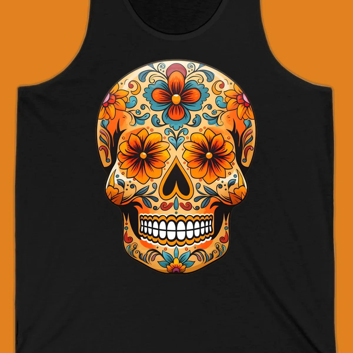 A vibrant floral calavera sugar skull design featuring orange and teal flowers, leaves, and intricate swirling patterns.