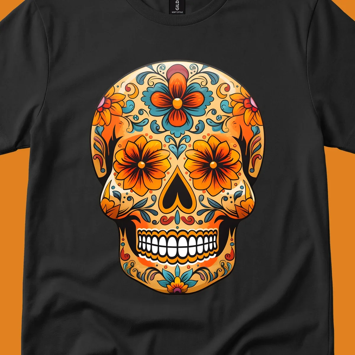 A vibrant floral calavera sugar skull design featuring orange and teal flowers, leaves, and intricate swirling patterns.