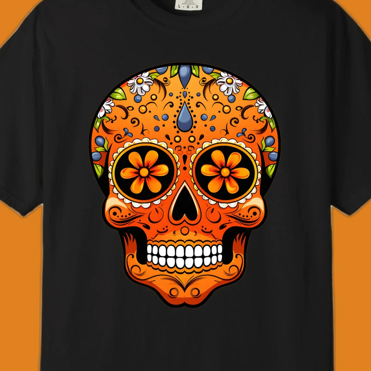 A vibrant orange calavera sugar skull with blue and white flowers, green leaves, and intricate swirling patterns.