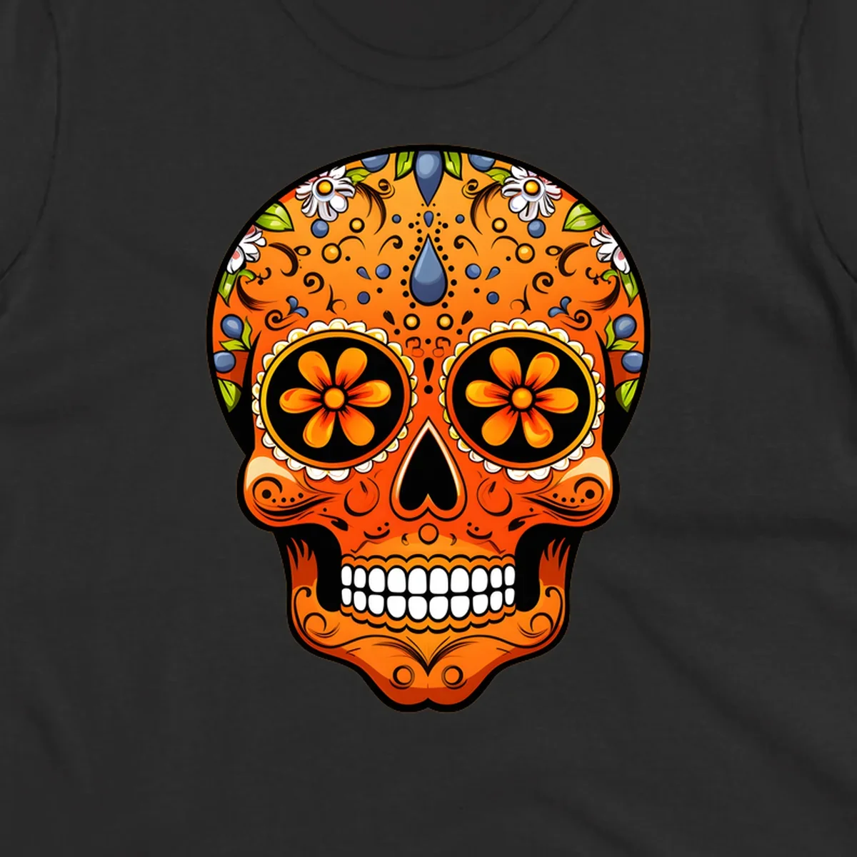 A vibrant orange calavera sugar skull with blue and white flowers, green leaves, and intricate swirling patterns.