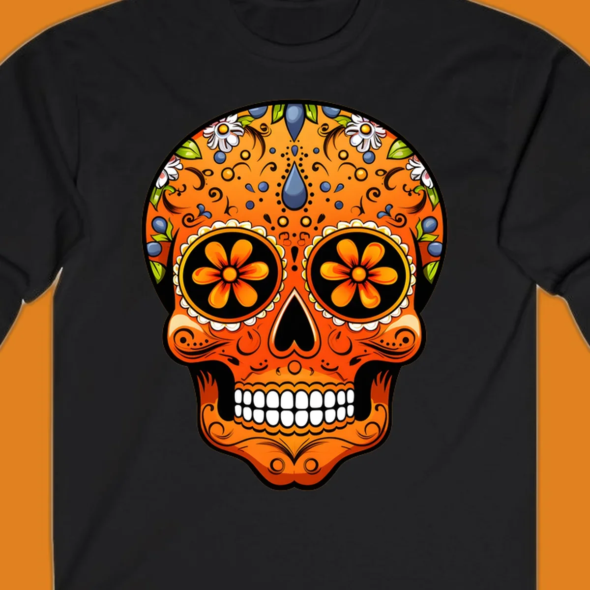 A vibrant orange calavera sugar skull with blue and white flowers, green leaves, and intricate swirling patterns.