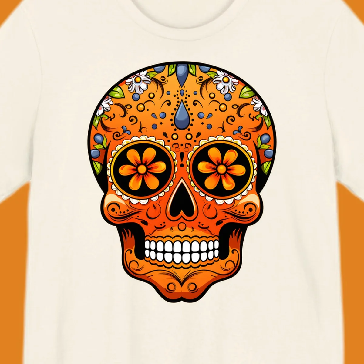 A vibrant orange calavera sugar skull with blue and white flowers, green leaves, and intricate swirling patterns.