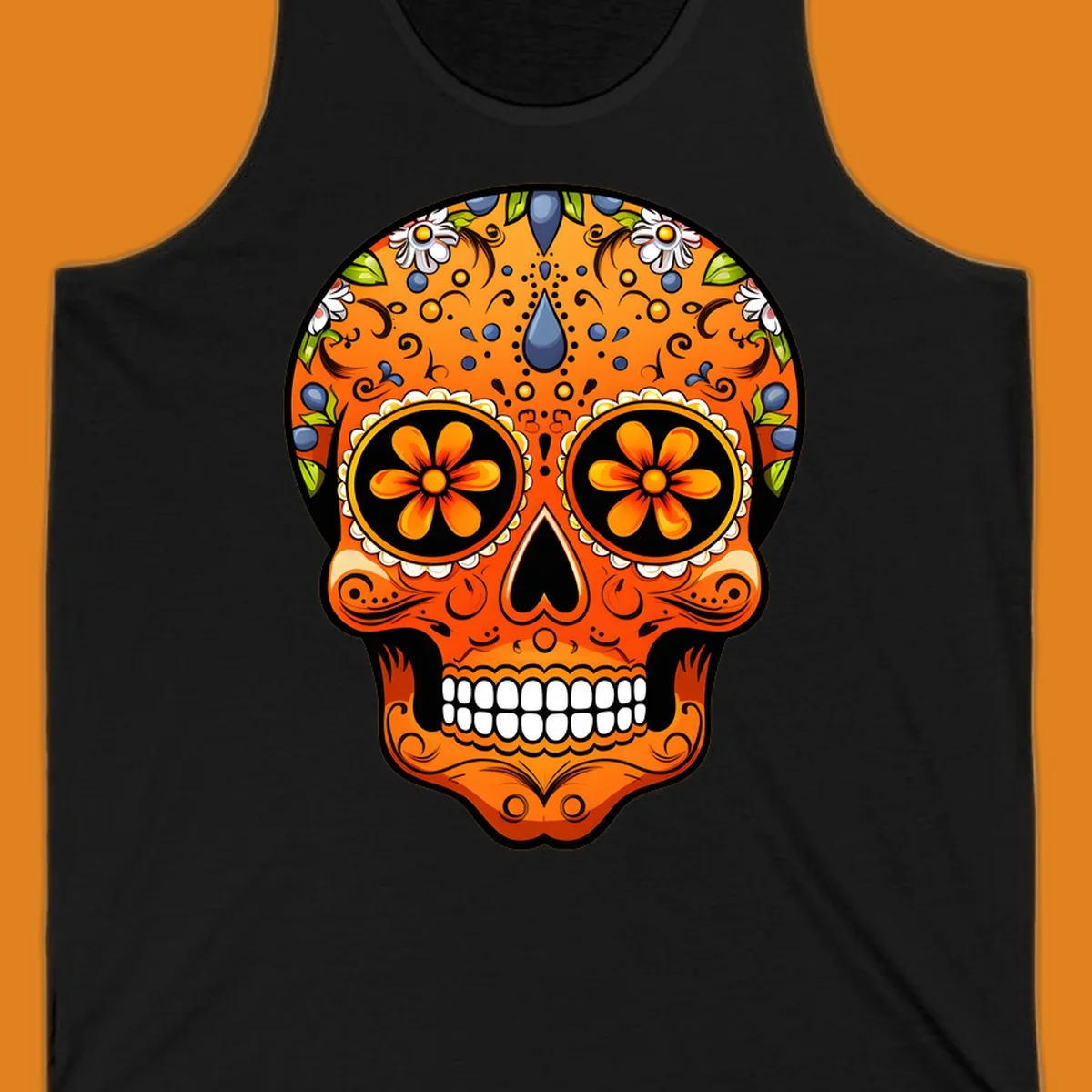 A vibrant orange calavera sugar skull with blue and white flowers, green leaves, and intricate swirling patterns.