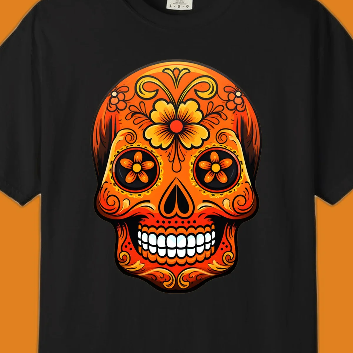 Vibrant orange and yellow marigold sugar skull illustration with black details and white teeth.