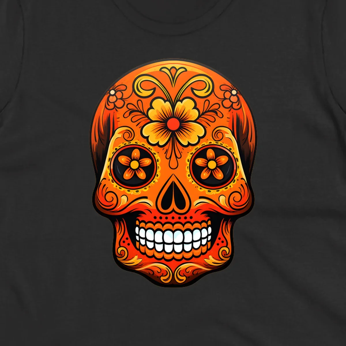 Vibrant orange and yellow marigold sugar skull illustration with black details and white teeth.