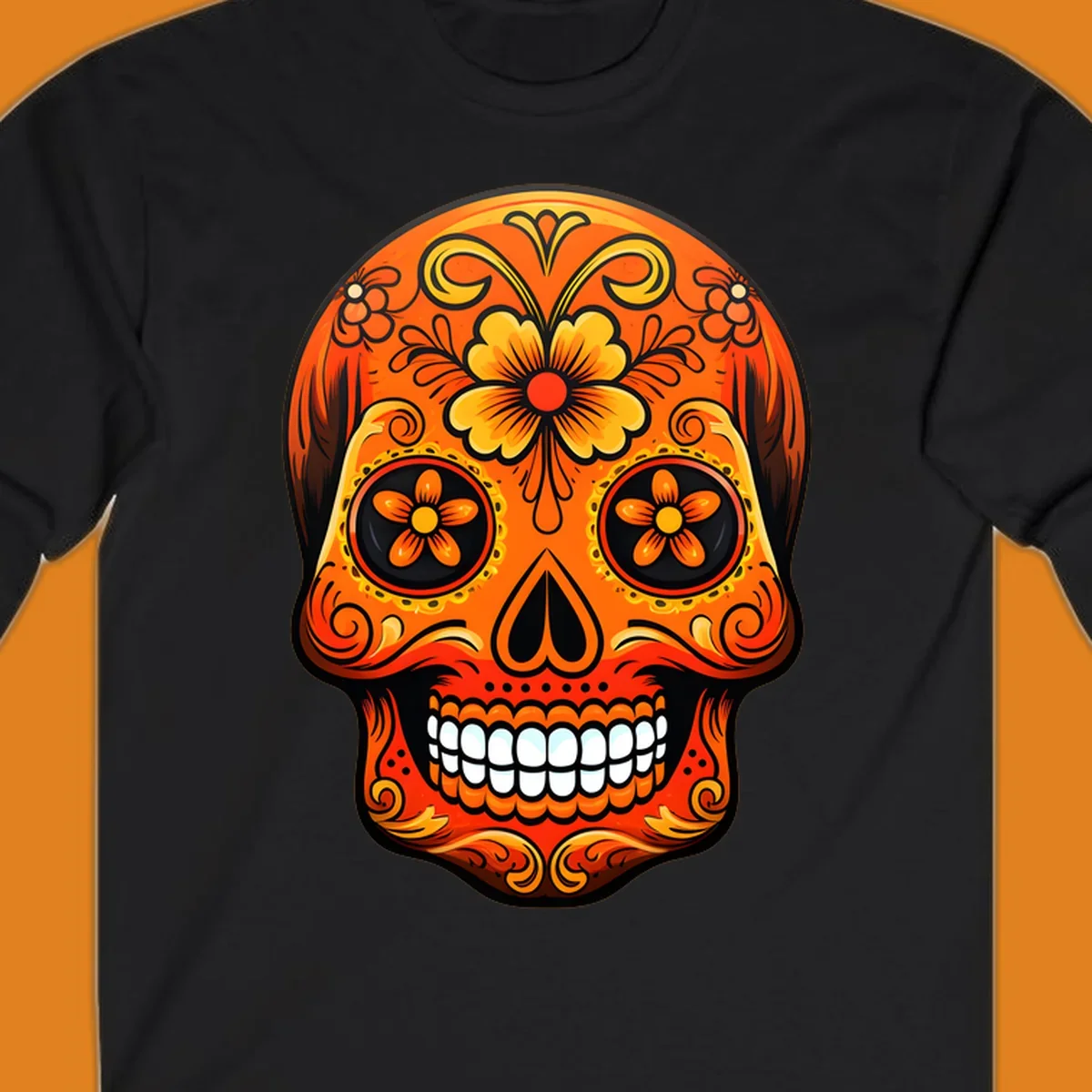 Vibrant orange and yellow marigold sugar skull illustration with black details and white teeth.