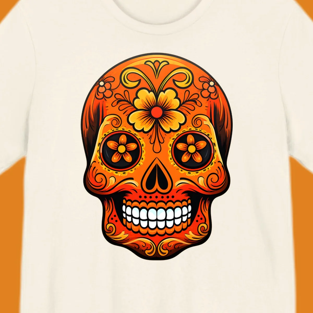 Vibrant orange and yellow marigold sugar skull illustration with black details and white teeth.