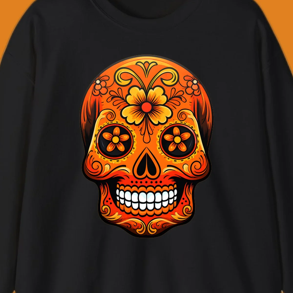 Vibrant orange and yellow marigold sugar skull illustration with black details and white teeth.