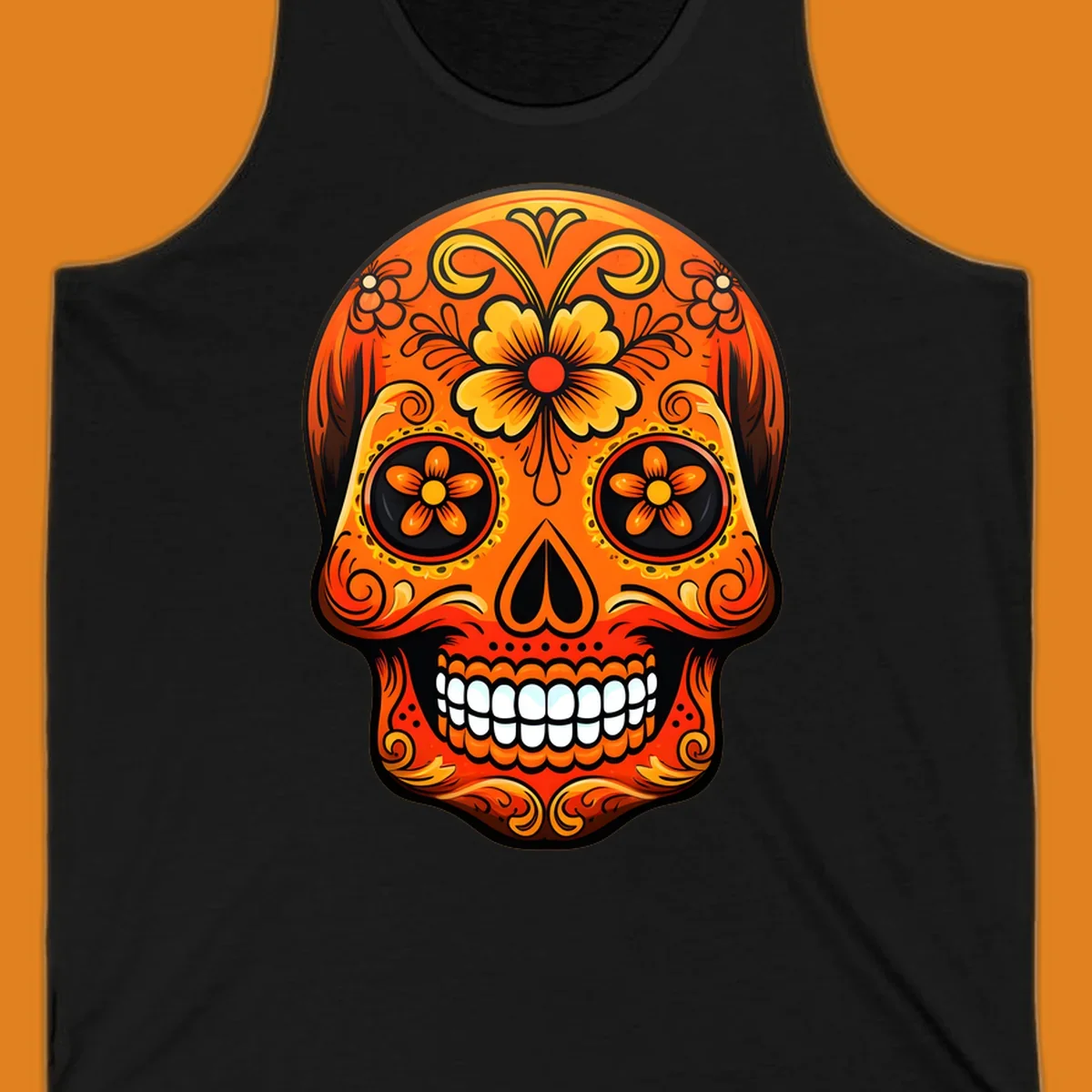 Vibrant orange and yellow marigold sugar skull illustration with black details and white teeth.