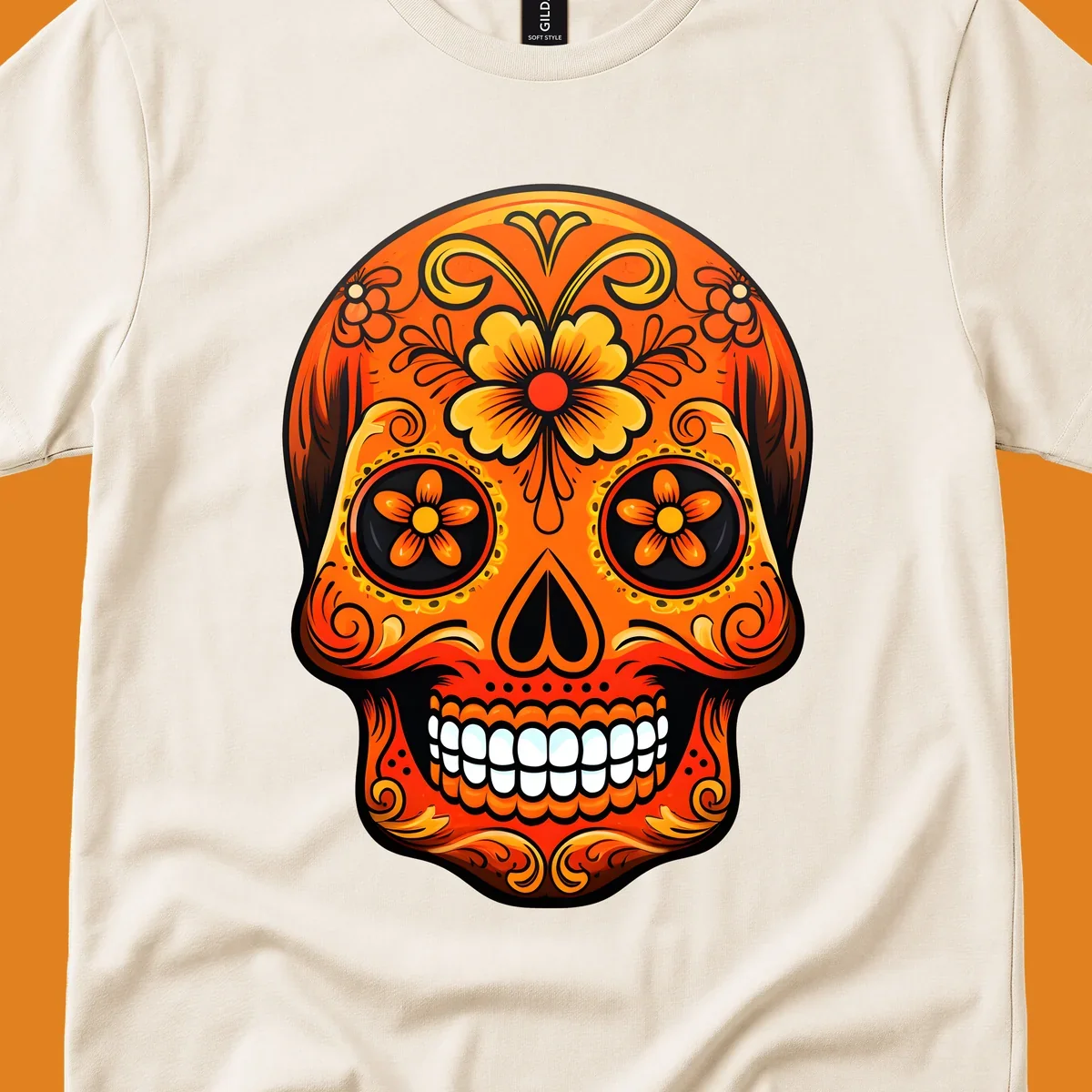 Vibrant orange and yellow marigold sugar skull illustration with black details and white teeth.