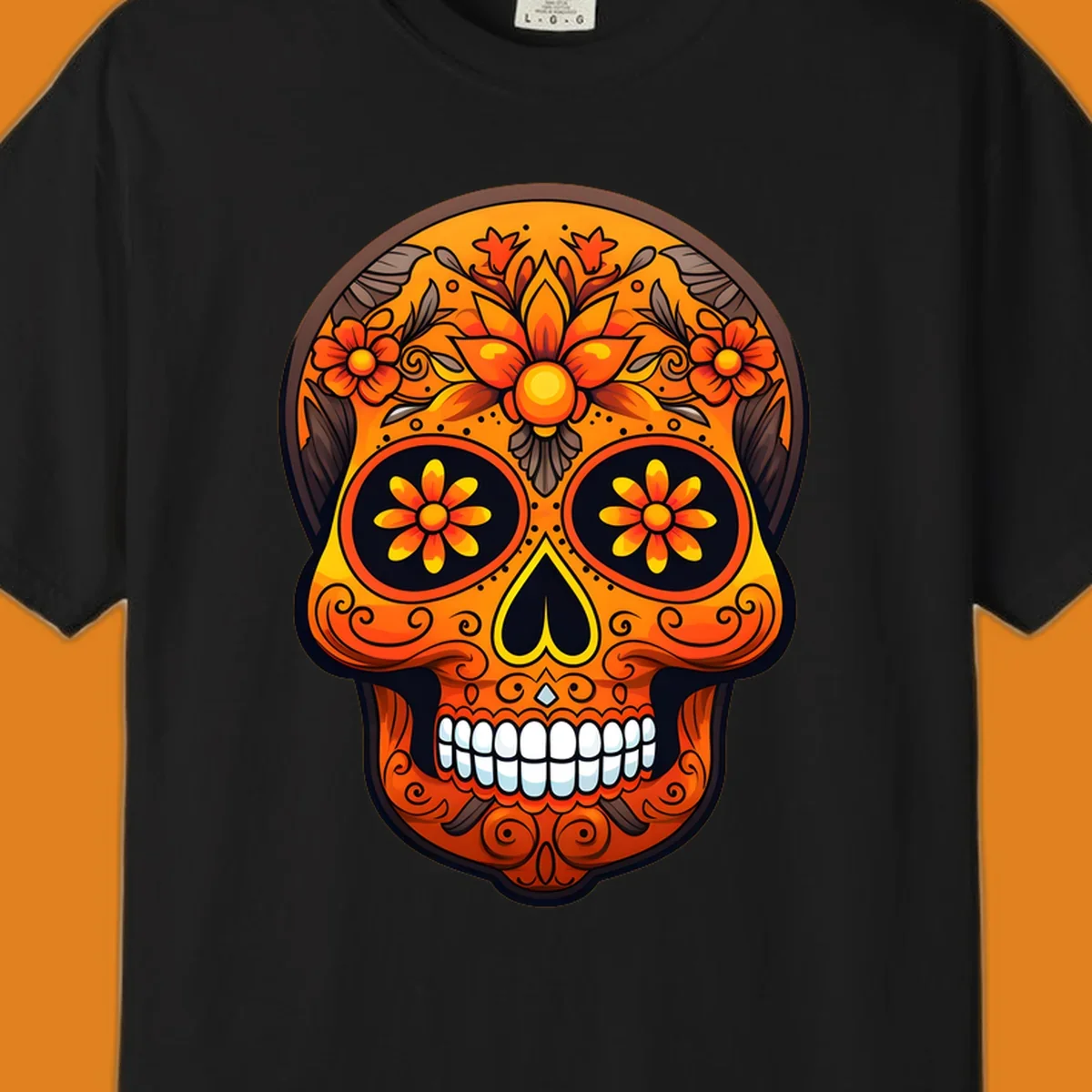 A vibrant floral calavera skull illustration with orange and yellow flowers, swirls, and a toothy grin.