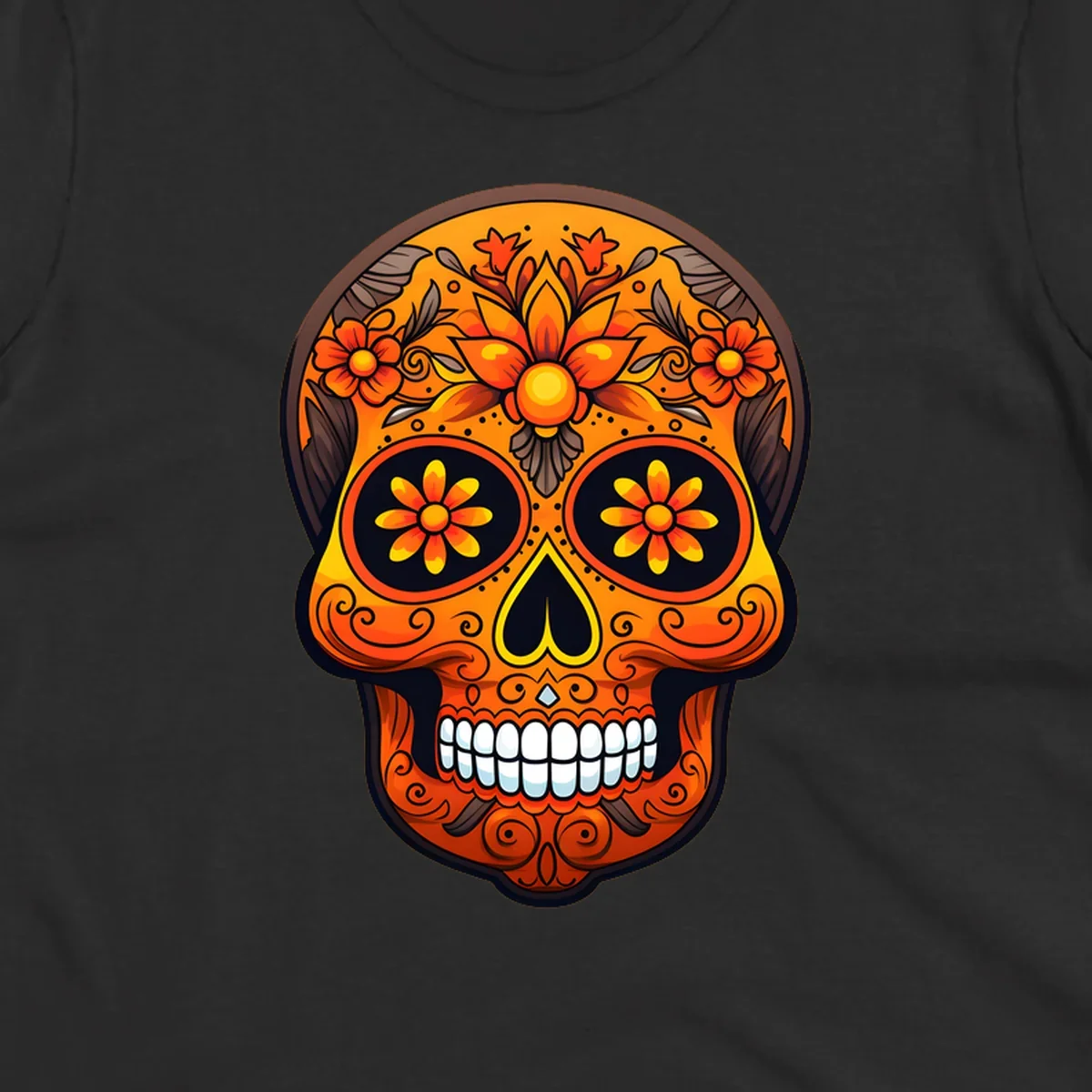 A vibrant floral calavera skull illustration with orange and yellow flowers, swirls, and a toothy grin.