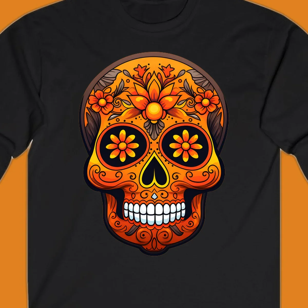 A vibrant floral calavera skull illustration with orange and yellow flowers, swirls, and a toothy grin.