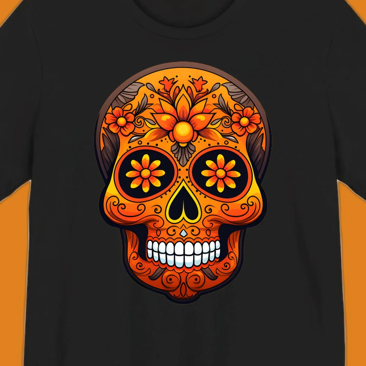 A vibrant floral calavera skull illustration with orange and yellow flowers, swirls, and a toothy grin.