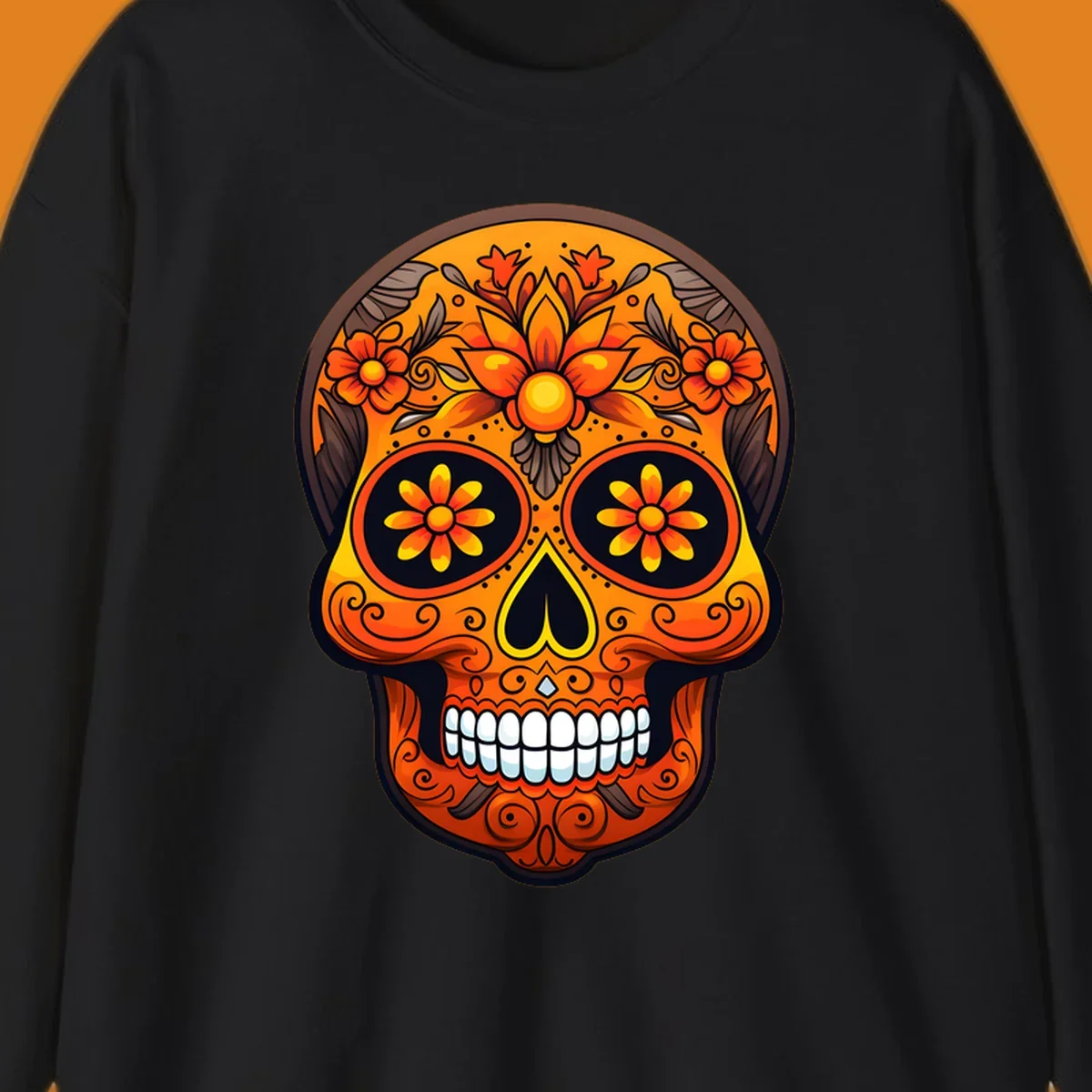 A vibrant floral calavera skull illustration with orange and yellow flowers, swirls, and a toothy grin.