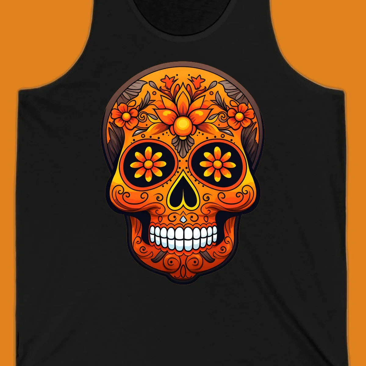 A vibrant floral calavera skull illustration with orange and yellow flowers, swirls, and a toothy grin.