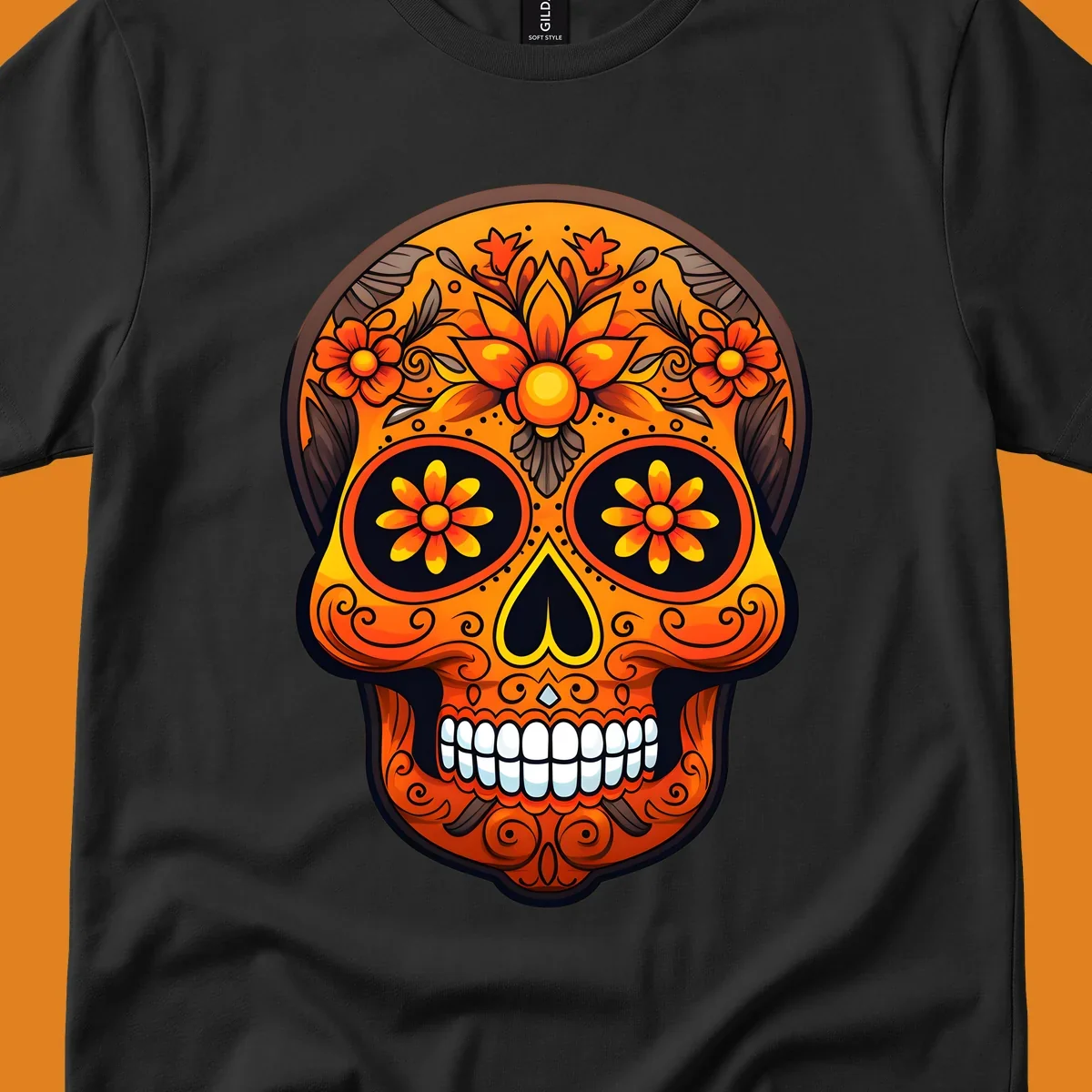 A vibrant floral calavera skull illustration with orange and yellow flowers, swirls, and a toothy grin.