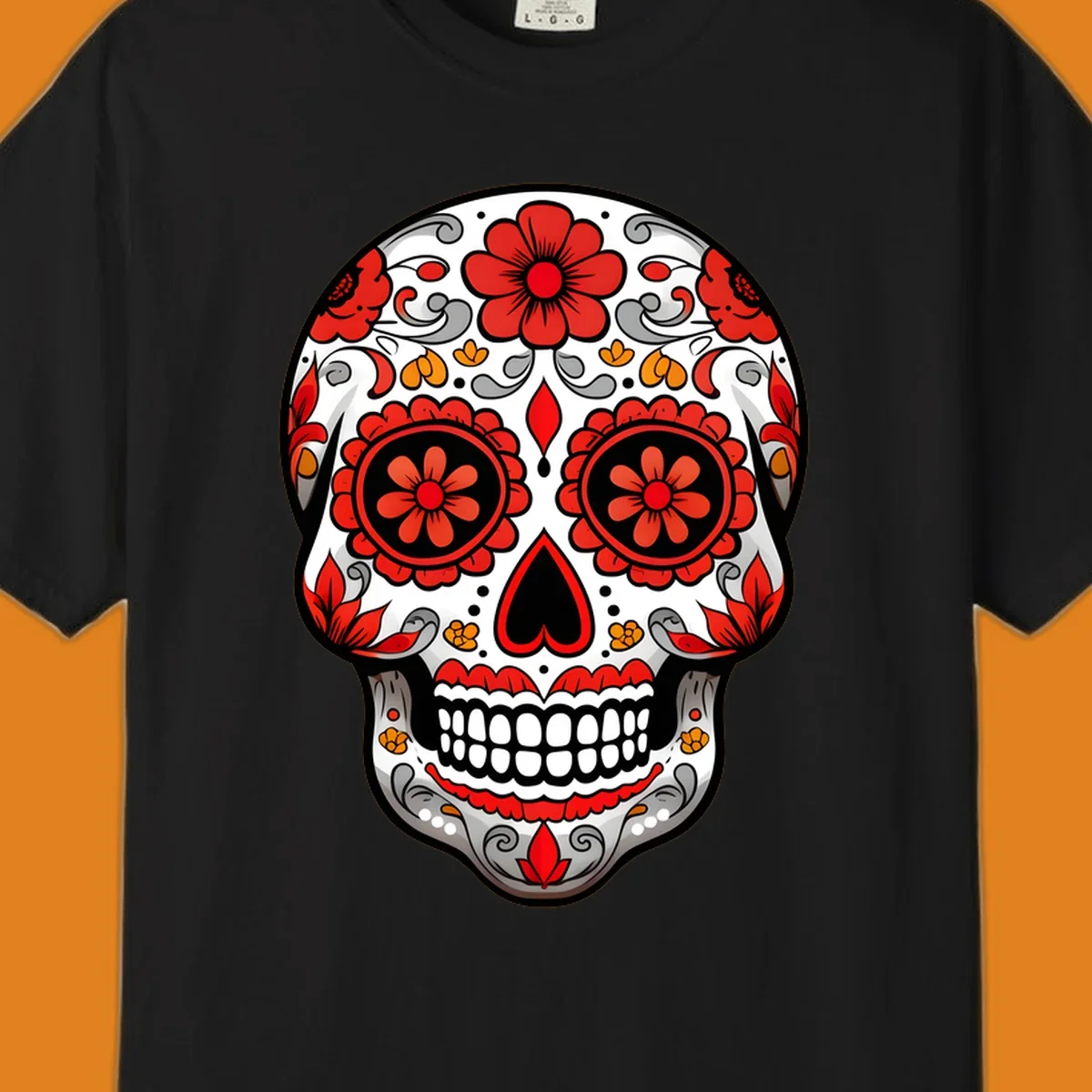 A vibrant floral sugar-skull-calavera illustration with red and orange flowers, grey swirls, and a black heart nose.