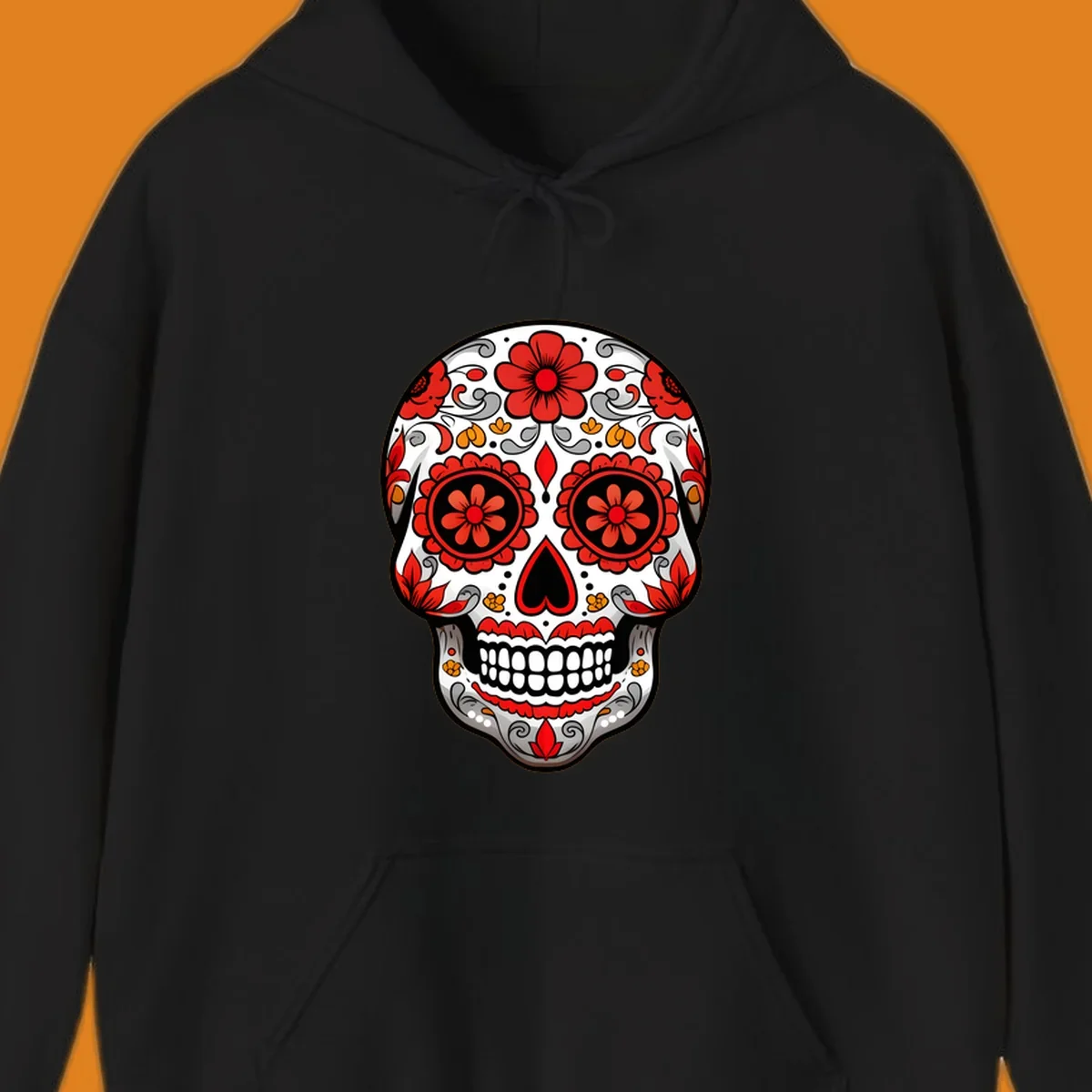 A vibrant floral sugar-skull-calavera illustration with red and orange flowers, grey swirls, and a black heart nose.