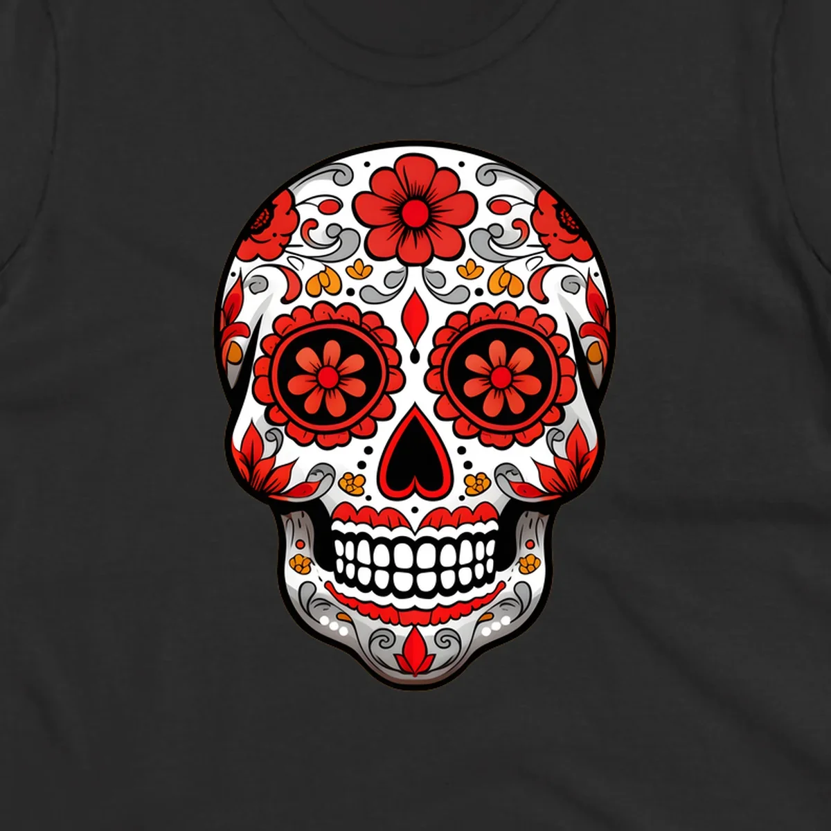 A vibrant floral sugar-skull-calavera illustration with red and orange flowers, grey swirls, and a black heart nose.