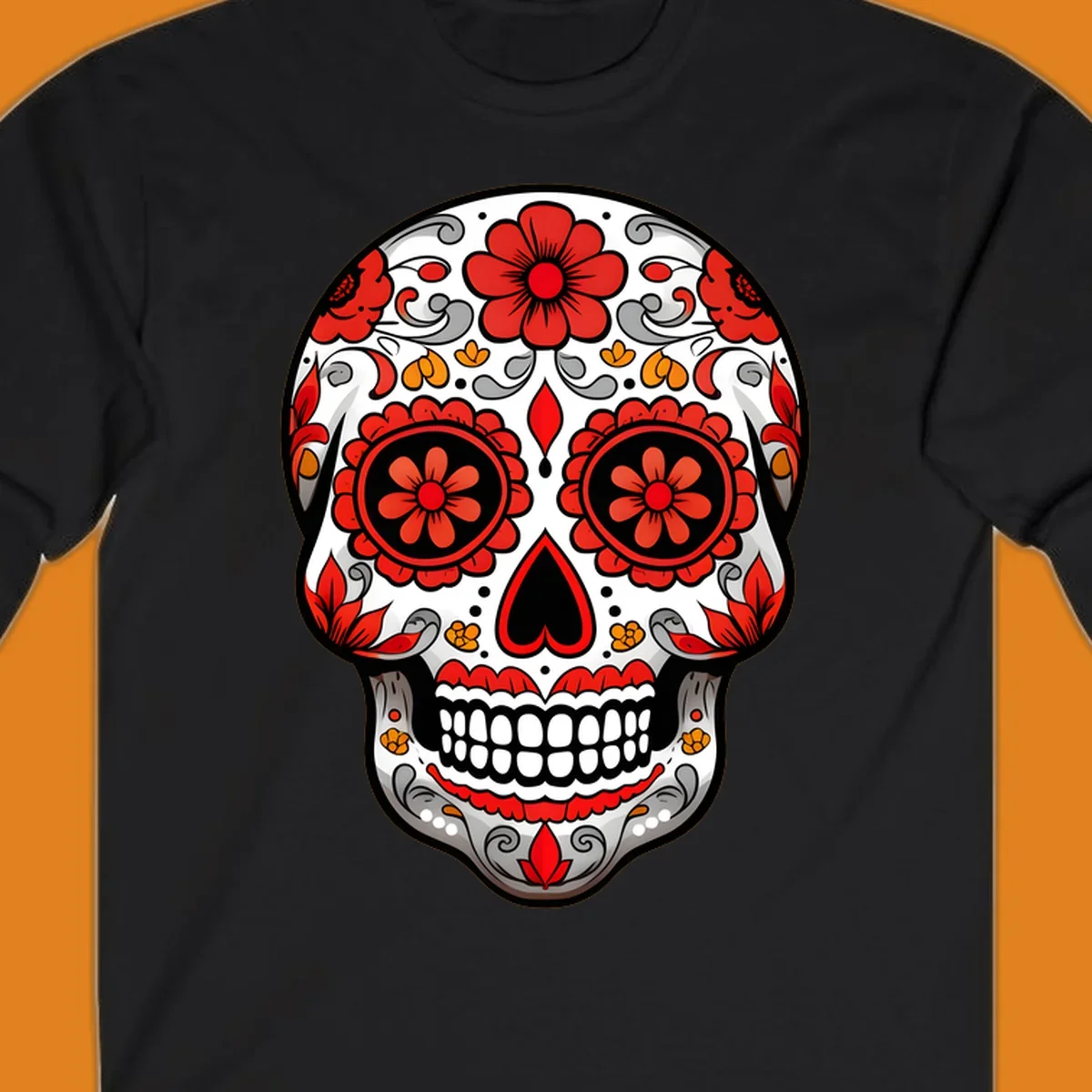 A vibrant floral sugar-skull-calavera illustration with red and orange flowers, grey swirls, and a black heart nose.