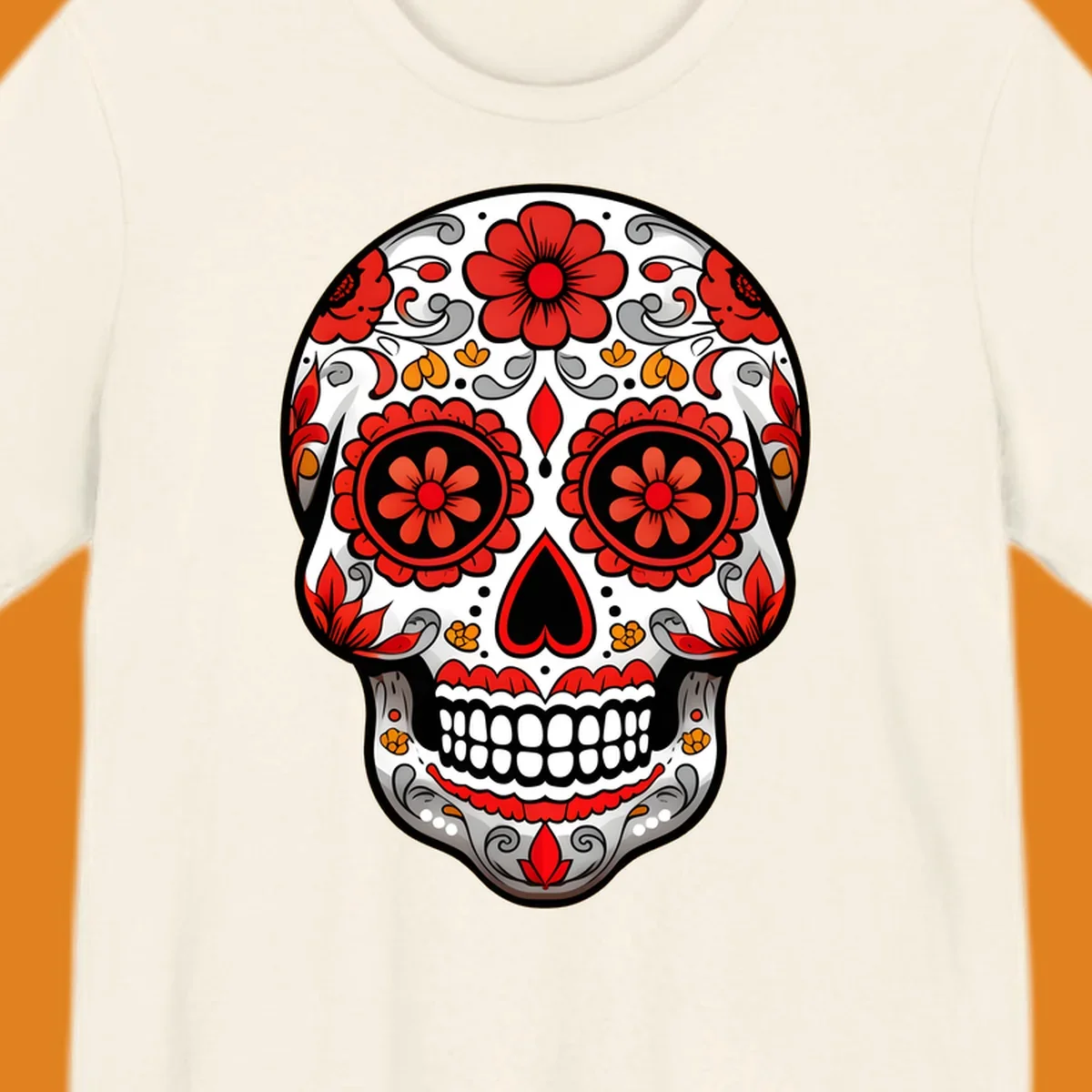A vibrant floral sugar-skull-calavera illustration with red and orange flowers, grey swirls, and a black heart nose.