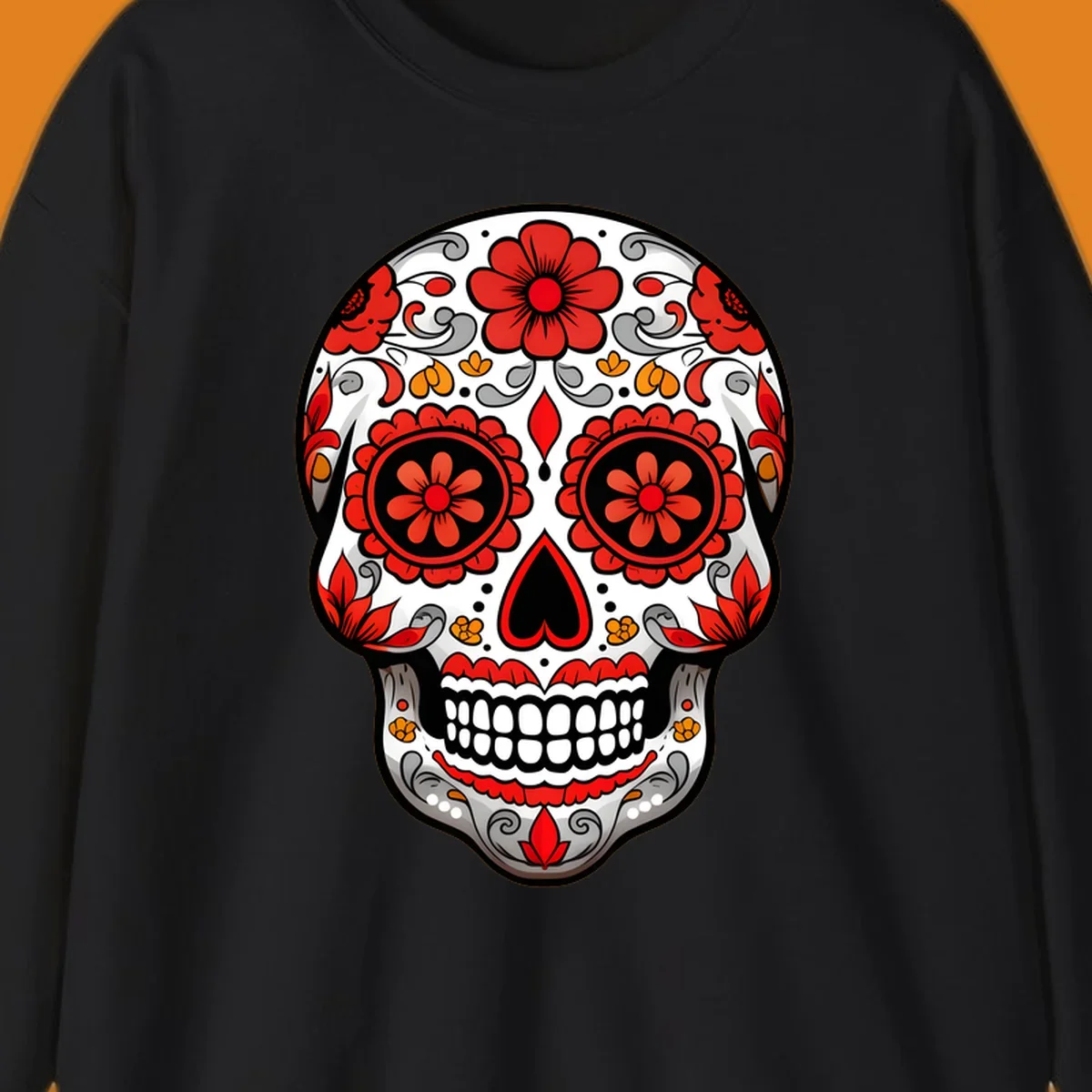 A vibrant floral sugar-skull-calavera illustration with red and orange flowers, grey swirls, and a black heart nose.