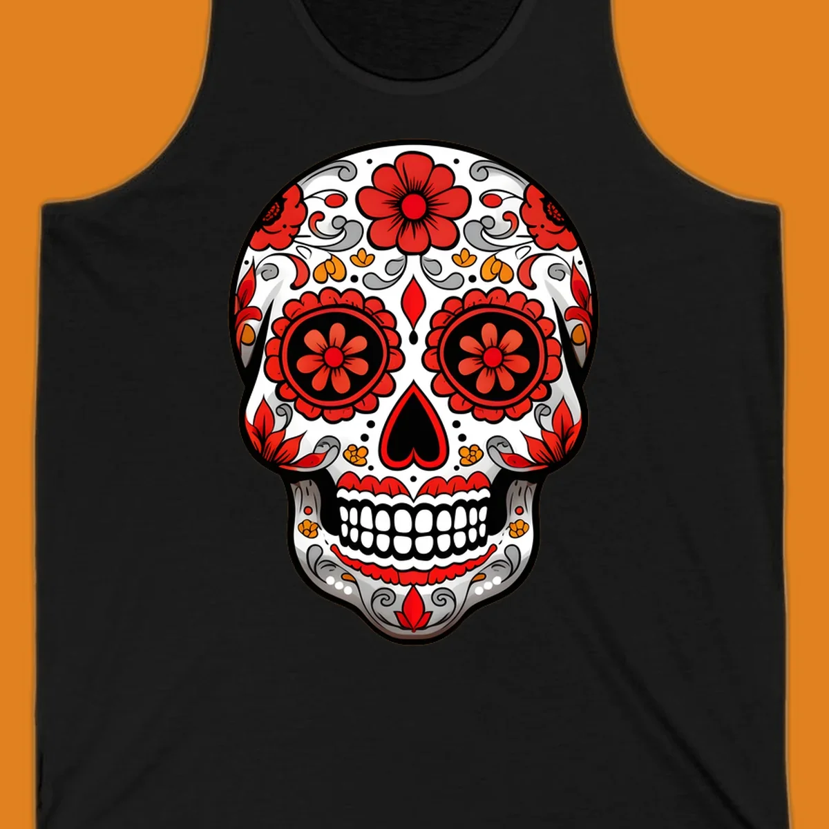A vibrant floral sugar-skull-calavera illustration with red and orange flowers, grey swirls, and a black heart nose.