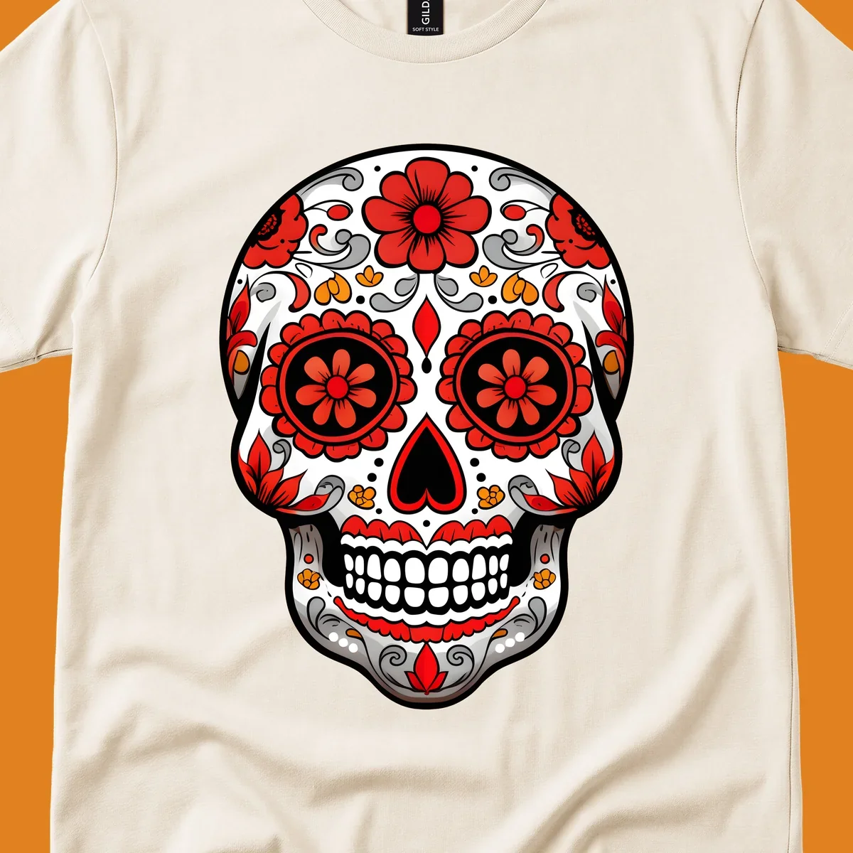A vibrant floral sugar-skull-calavera illustration with red and orange flowers, grey swirls, and a black heart nose.