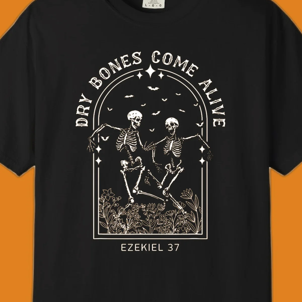 Dry bones come alive graphic with dancing skeletons, bats, stars, and flowers.