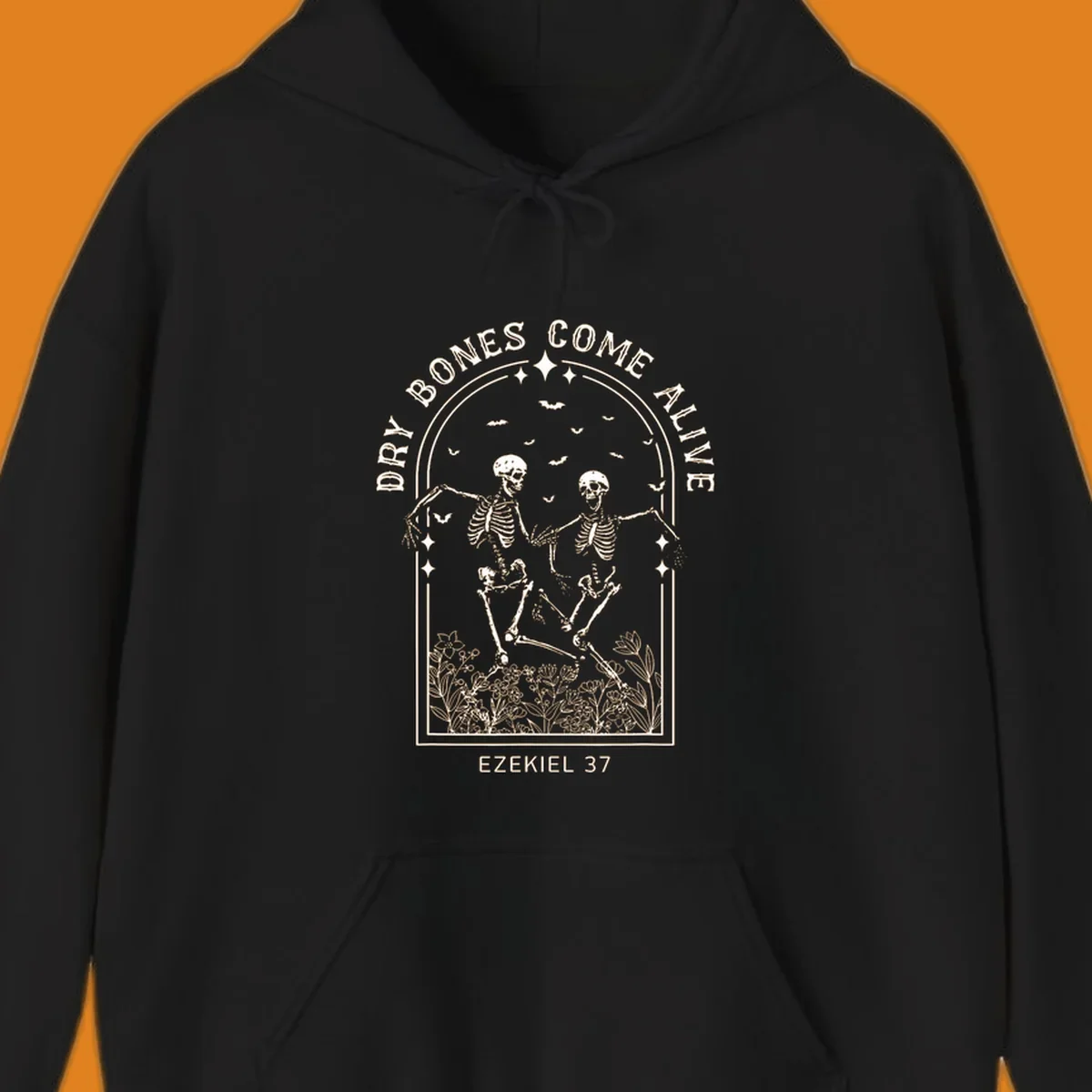 Dry bones come alive graphic with dancing skeletons, bats, stars, and flowers.