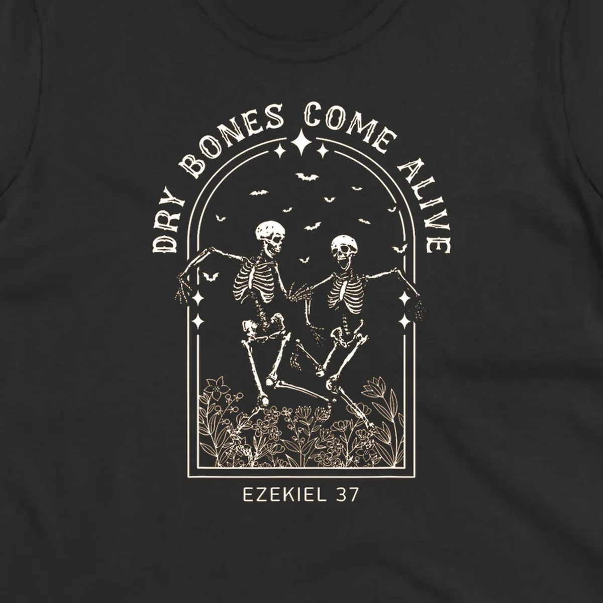 Dry bones come alive graphic with dancing skeletons, bats, stars, and flowers.