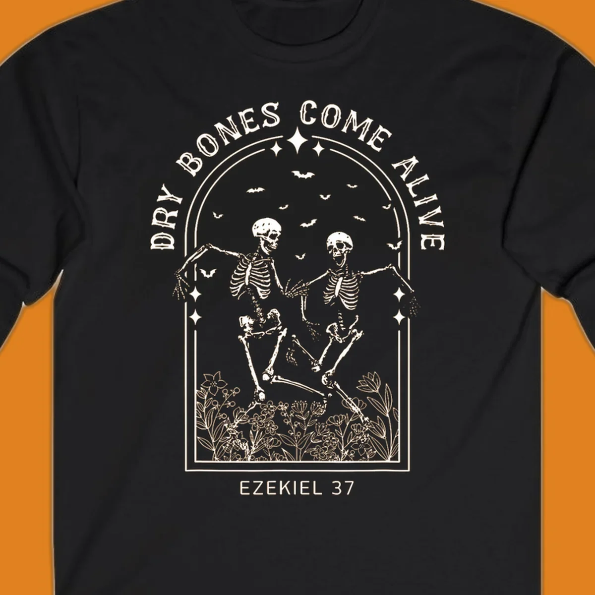 Dry bones come alive graphic with dancing skeletons, bats, stars, and flowers.