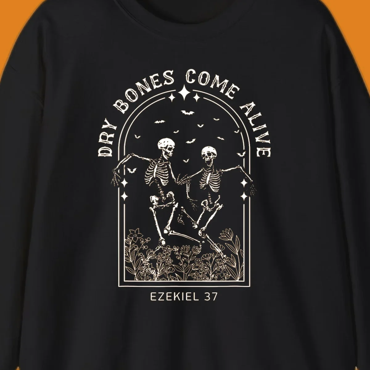 Dry bones come alive graphic with dancing skeletons, bats, stars, and flowers.