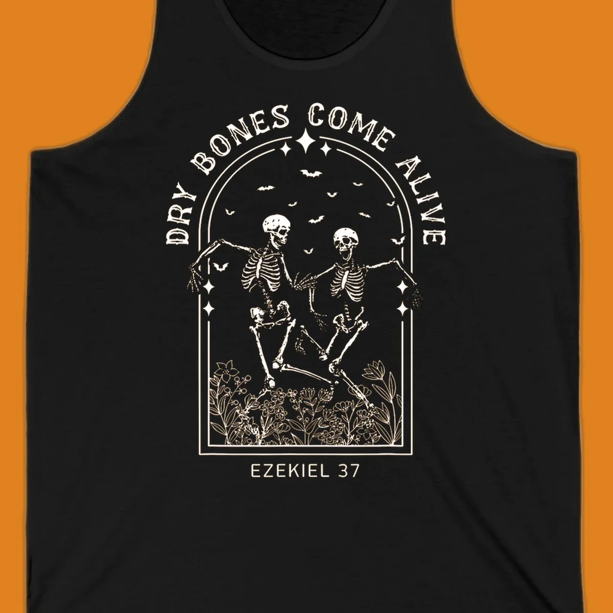 Dry bones come alive graphic with dancing skeletons, bats, stars, and flowers.