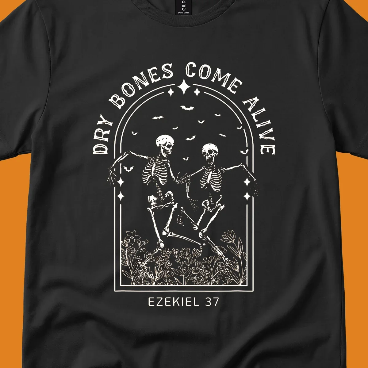 Dry bones come alive graphic with dancing skeletons, bats, stars, and flowers.