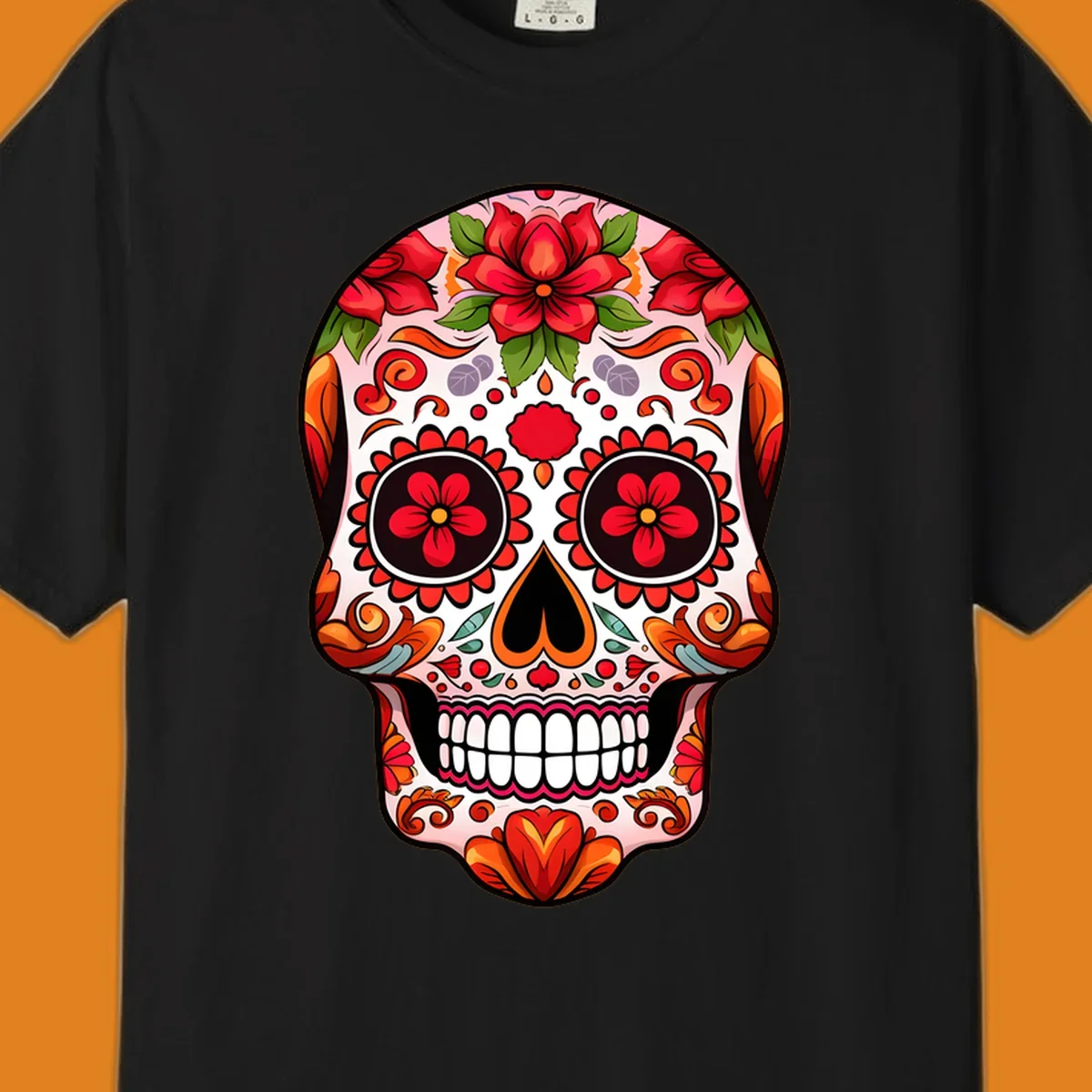 A vibrant floral sugar skull illustration, adorned with red and orange flowers, green leaves, and intricate swirling patterns.