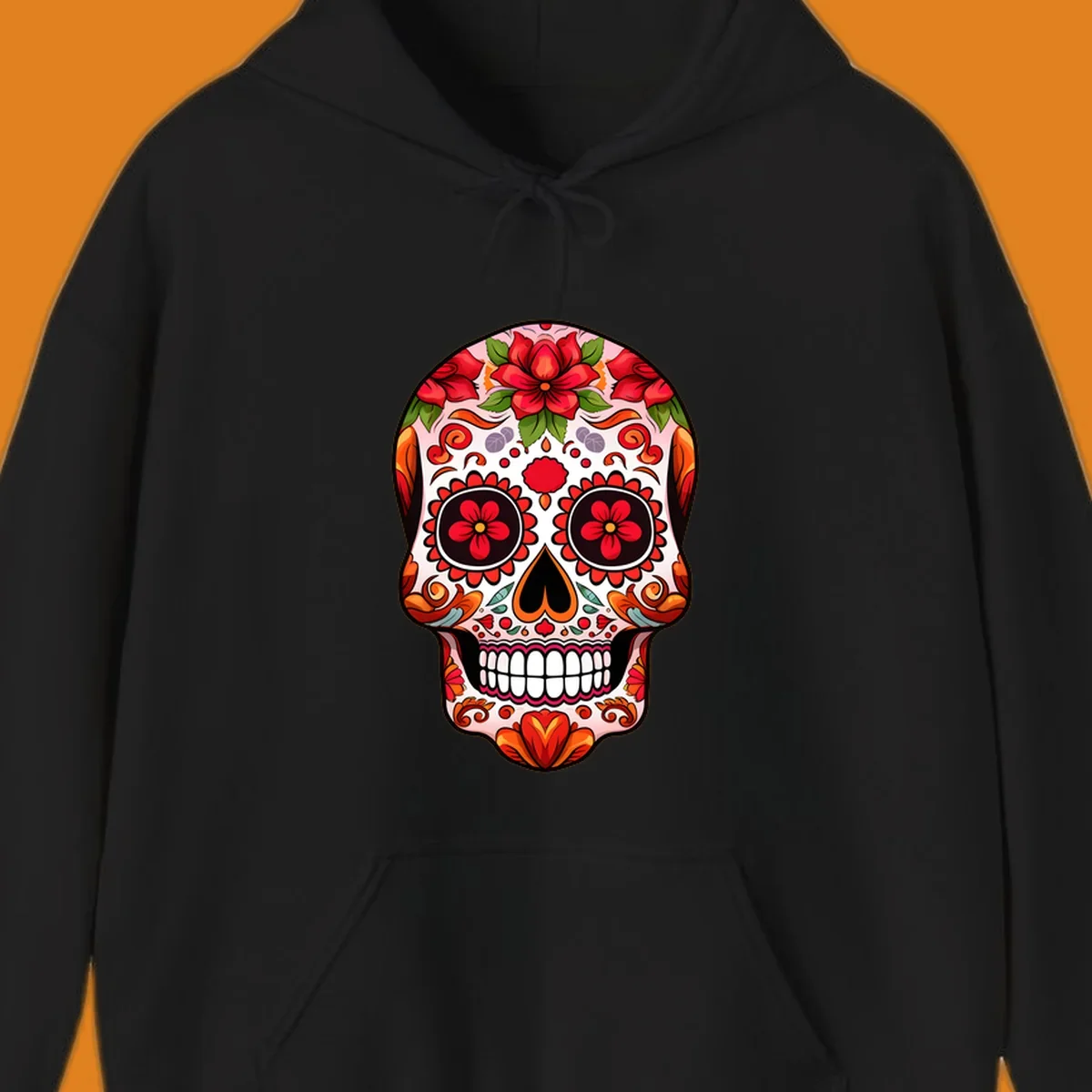 A vibrant floral sugar skull illustration, adorned with red and orange flowers, green leaves, and intricate swirling patterns.