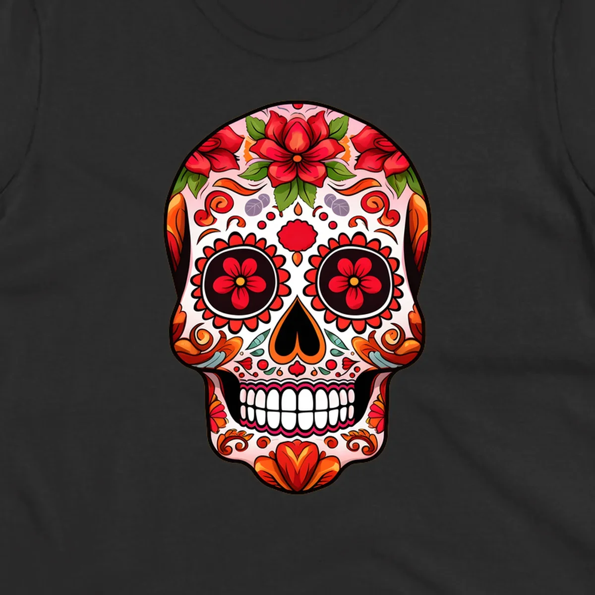 A vibrant floral sugar skull illustration, adorned with red and orange flowers, green leaves, and intricate swirling patterns.