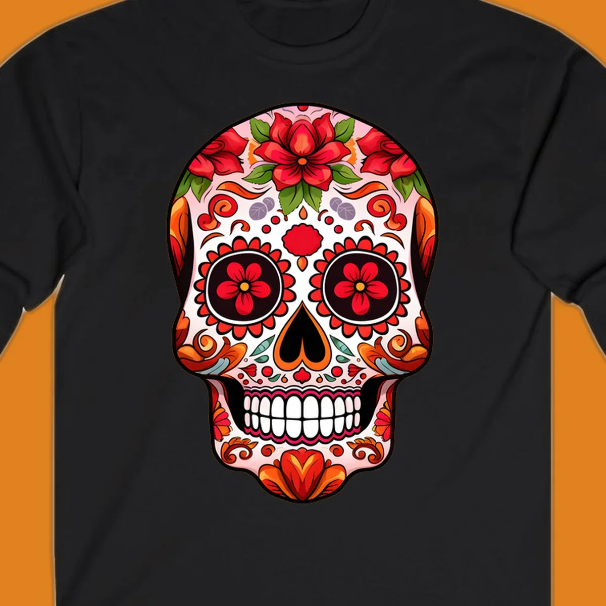 A vibrant floral sugar skull illustration, adorned with red and orange flowers, green leaves, and intricate swirling patterns.